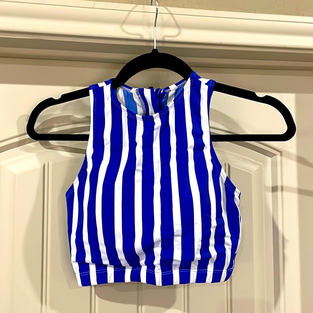 NEW - Coral Reef blue and white stripe swim top (Size Small)